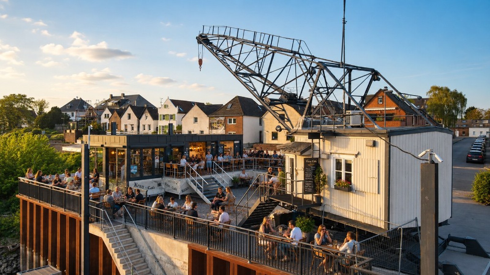 Kran-Café Terrasse und Biergarten am Hitdorfer Hafen